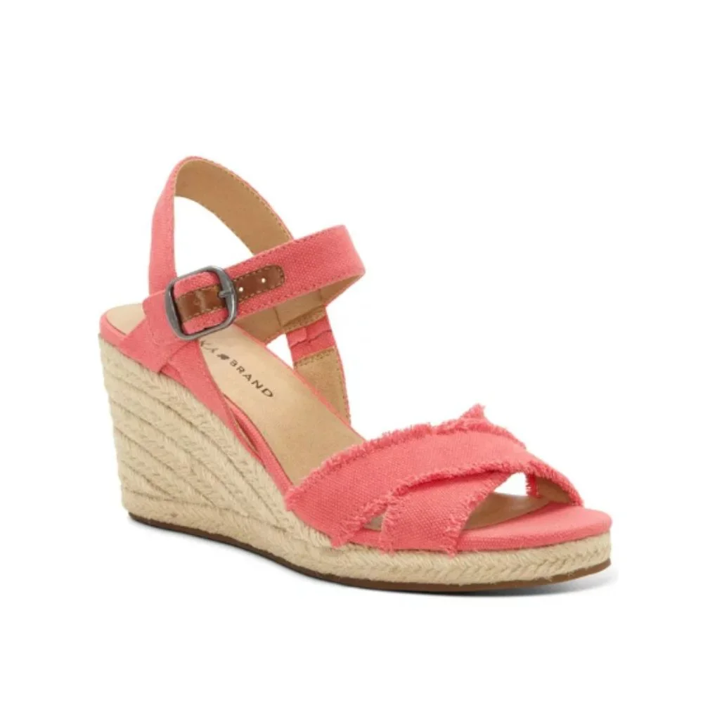 Lucky Brand Margaline Canvas Wedge Espadrilles Frayed Coral 9.5M New MSRP $79